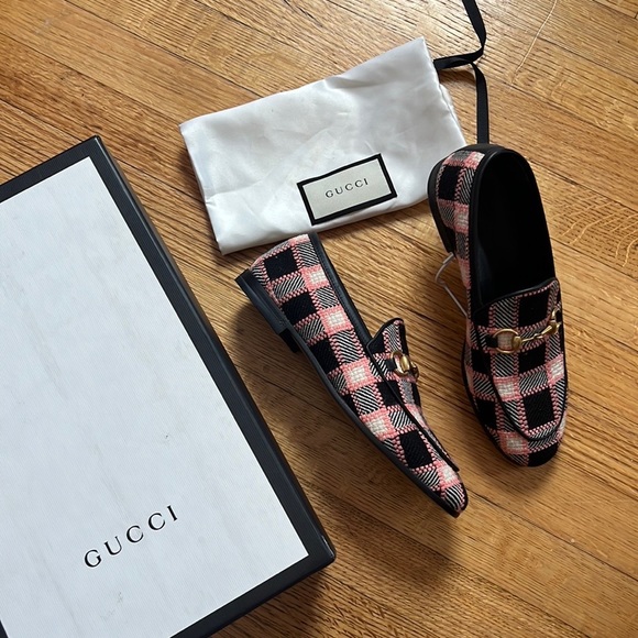 Gucci Jordaan Horsebit Multi Color Plaid Check Tweed Loafers Flats 34 - Picture 3 of 16